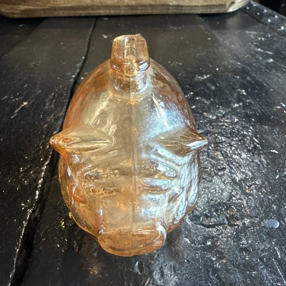 Anchor Hocking Carnival Glass 4x3 Piggy Bank Pig Amber Iridescent Vintage